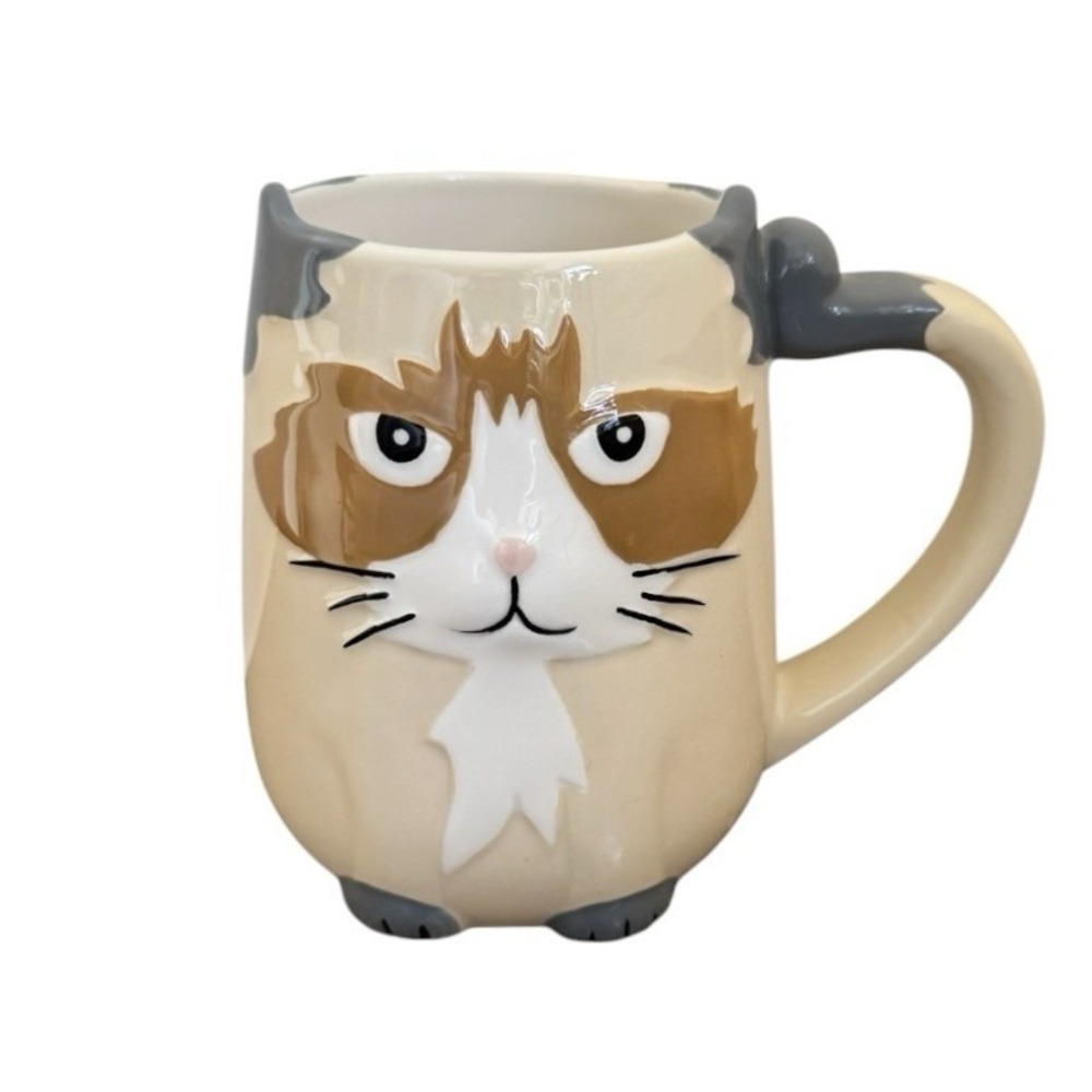 Cat Coffee Mug By TAG Grumpy Cat Face Painted Grey Brown White Tabby Moody Cat